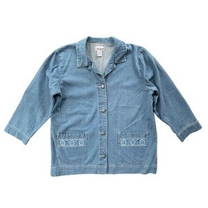 Anthony Richards Womens 1X Denim Floral Embroidered Button Front Long Sleeve Top